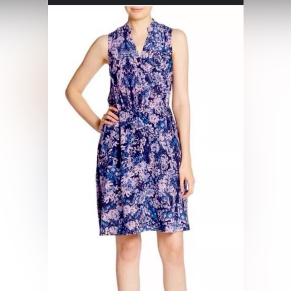 Rebecca Taylor Silk Kiku Sleeveless Navy and Pink Floral Midi Dress